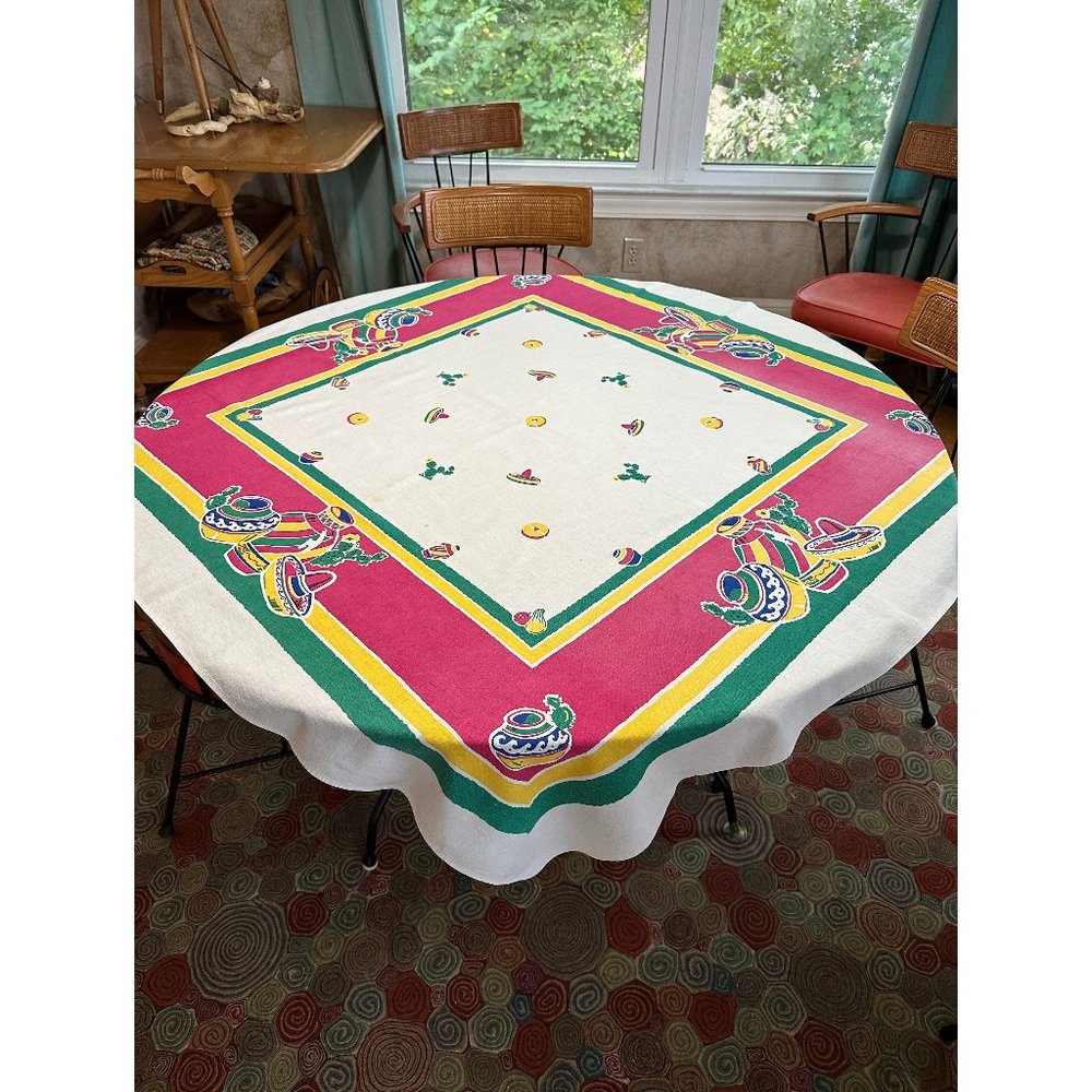 1950s novelty tablecloth with southwest theme sombreros and clay pots 48" x 51"